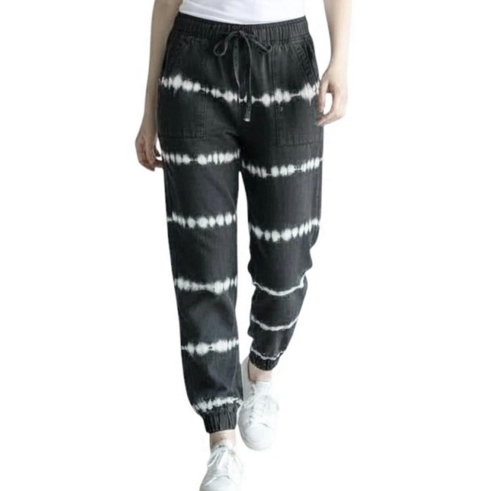 Japna Womens Jogger Pants S Gray & White Tie Dye Stripe Drawstring Elastic Waist
